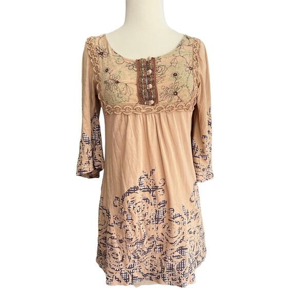 Language Tops - Small Language Los Angeles Tan Embroidered Boho Tunic Top